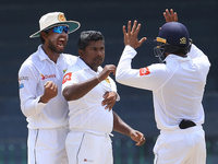 Sri Lanka's Rangana Herath(M) and capatain Dinesh Chandimal(L) celebrate taking the wicket of Zimbabwe's Hamilton Masakadza(unseen) during t...