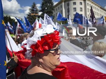 Woman during protest against changes in the way of electing judges to Supreme Court in Warsaw on July 16, 2017.  (