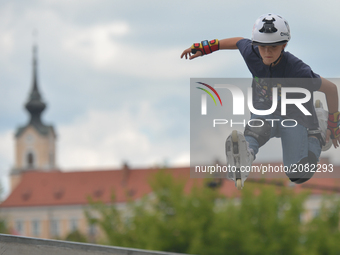 Young Kuba Homa shows his skills during the trainning ahead of Rollerblading finals, during the final day of Carpatia Extreme Festival 2017,...