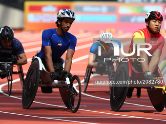 L-R  Yang Liu (CHN) and Faisal Alrajehi (KUW)  compete  in Men's 800m T54 Round 1 Heat 3 during IPC World Para Athletics Championships at Lo...