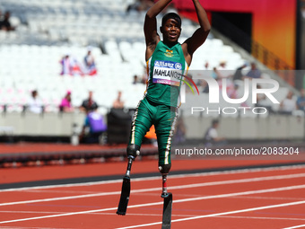 Ntando Mahlangu (RSA), compete in  Men's 100m T42 Round 1 Heat 1during IPC World Para Athletics Championships at London Stadium in London on...