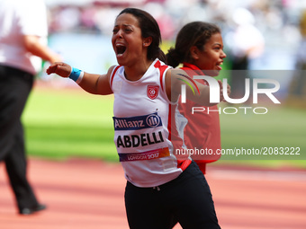Rima Abdelli (TUN)  celebrate her win in Women's Shot Put Final during IPC World Para Athletics Championships at London Stadium in London on...