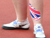 Sabrina Fortune of Great Britain shows of a BrItish Flag on her leg compete Women's Women's Shot Put T20 Final  during IPC World Para Athlet...