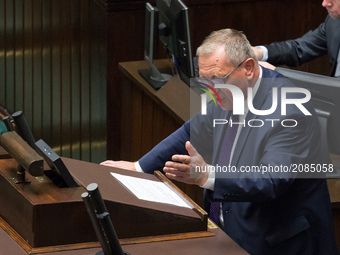 Minister of Environment Jan Szyszko during a night debate on a Supreme Court bill, in the lower house of Polish Parliament (Sejm) in Warsaw,...