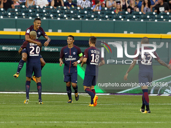 PSG Defender Marquinhos (5) celebrates the first goal scored during the first half of an International Champions Cup match between AS Roma a...