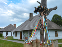 A wooden cross outside the entrance building to the Folk Culture Open-Air Museum in Kolbuszowa. 
On Sunday, July 16, 2017, in Kolbuszowa, Po...