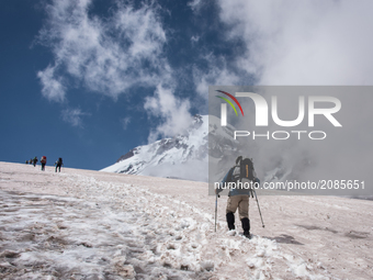 Landscape and natural scenes on Mount Kazbek, the highest mountain in Georgia, which is part of the Caucasus Mountain range on 20 July 2017....