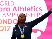 Breanna Clark of USA receive her Gold Medal for Women's 400m T20 Final during World Para Athletics Championships at London Stadium in London...