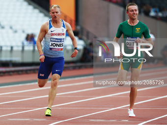 L-R Rhys Jones of Great Britain and Chari Du Toit of South Africa compete Men's 100m T37 Round 1 Heat 1
during World Para Athletics Champio...