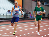 L-R Rhys Jones of Great Britain and Chari Du Toit of South Africa compete Men's 100m T37 Round 1 Heat 1
during World Para Athletics Champio...