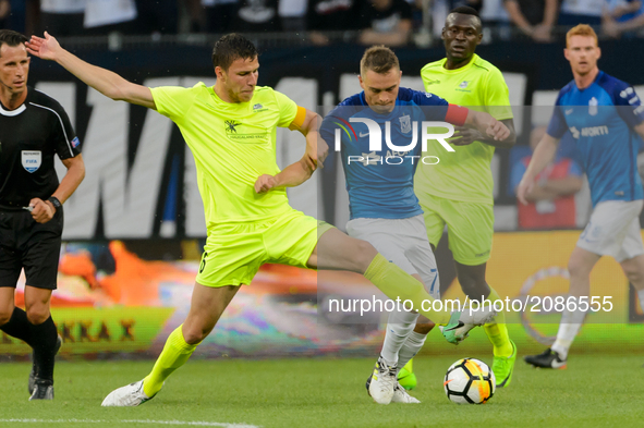 Filip Kiss (Haugesund), Maciej Gajos (Lech),  in action during Lech Poznan v FK Haugesund - UEFA Europa League 2017/2018, second qualifying...