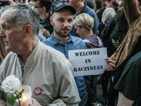 Protesters during the ' Solidarity Chain of Light ' protest are seen in Gdansk, Poland on 20 July 2017   Crowds gathered outside the Regiona...