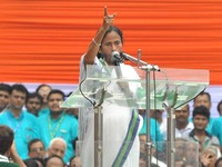 West Bengal Chief minister and TMC Supremo Mamata Banerjee deliver her speech during the mass meeting of Trinamool Congress Party (TMC) addr...