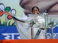 West Bengal Chief minister and TMC Supremo Mamata Banerjee deliver her speech during the mass meeting of Trinamool Congress Party (TMC) addr...