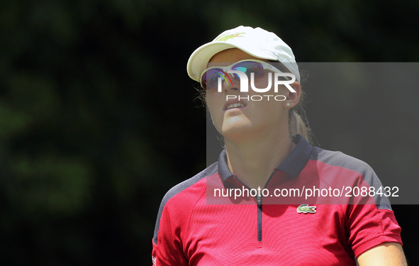 Celine Herbin of France tees off on the 11th tee during the second round of the Marathon LPGA Classic golf tournament at Highland Meadows Go...