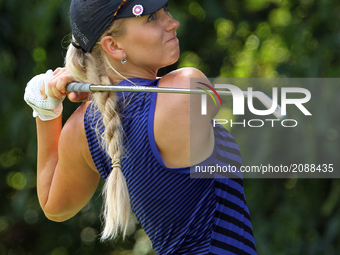 Krista Puisite of Riga, Latvia follows her shot from the 2nd tee during the second round of the Marathon LPGA Classic golf tournament at Hig...