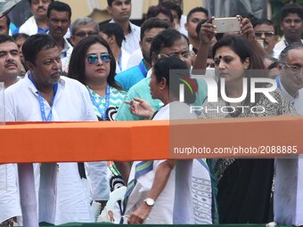 Mamata Banerjee Chief Minister of West Bengal and Chief of Trinamool Congress Political party along Mukul Roy MP tduring the Martyrs Day ral...