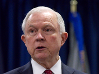 US Attorney General Jeff Sessions delivers a speech outlining the Department of Justice policy regarding Sanctuary Cities and crime by illeg...