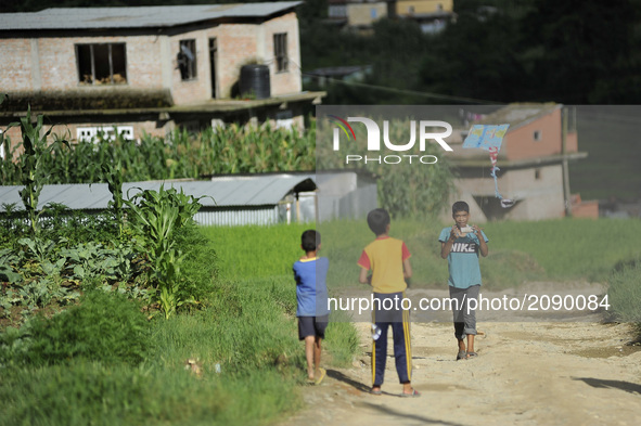 Kids flying kites in the open space green field at Lele, Patan, Nepal on Saturday, July 22, 2017. People used to fly kite to give message to...