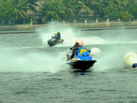 Participants compete in Bhayangkara Cup Jetski Round-1 at Mutiara Beach, Jakarta, on July 23,2016. This championship was held to capture the...