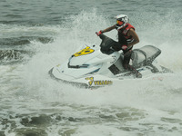 Participants compete in Bhayangkara Cup Jetski Round-1 at Mutiara Beach, Jakarta, on July 23,2016. This championship was held to capture the...