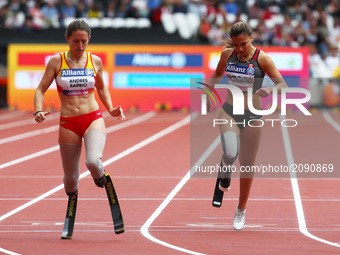 L-R Sara Andres Barrio of Spain and Marissa Papaconstantinou of Canada competing Women's 200m T44 Round 1 Heat 2
during World Para Athletics...