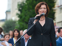 The Governor of Podkarpackie Province, Ewa Leniart, speaks at the opening ceremony of the renovated 3rd May street in Rzeszow. 
On Friday, J...