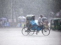 Rickshaw puller carrying passenger when heavy rainfall maid in the Dhaka, Bangladesh on July 23, 2017. (