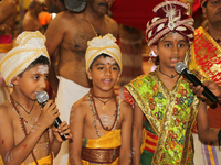 Tamil Hindu boys in training to become Hindu priests recite prayers during the Nambiyaandaar Nambi Ustavam Thiruvizha pooja at a Hindu Templ...