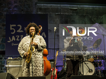 American Jazz saxophonist Kamasi Washington and Trombonist Ryan Porter perform onstage during 52nd edition of Heineken Jazzaldia Festival on...
