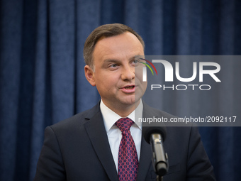 President of Poland Andrzej Duda during the statement about Supreme Court bill at Presidential Palace in Warsaw, Poland on 18 July 2017 (