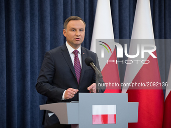 President of Poland Andrzej Duda during the statement about Supreme Court bill at Presidential Palace in Warsaw, Poland on 18 July 2017 (