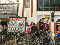 Union leaders from Unison protest outside of Ritzy Cinema for better pay in Brixton London United Kingdom on July 21st 2017.  (