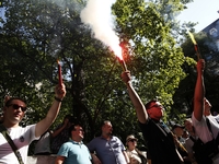 Activists of CI4 nationalistic group lit the flares as they demand to free Ukrainian soldier Vitaly Markiv in front of the Italian Embassy i...