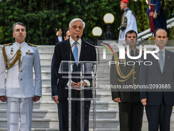 President Prokopios Pavlopoulos on the occasion of the 43rd anniversary of restoration of Democracy at the Presidential Palace in Athens, Gr...