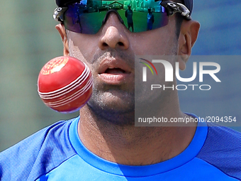 Indian cricketer Ravichandran Ashwin is seen during  a practice session ahead of the 1st test match between Sri Lanka and India at Galle Int...