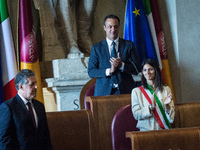The Mayor of Rome, Virginia Raggi, (R) awards the Honorary Citizenship of Rome to the Anti-Mafia Magistrate Antonino Di Matteo in the Julius...