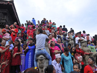 Nepalese devotees observing Gai Jatra or Cow Festival celebrated in Bhaktapur, Nepal on Tuesday, August 08, 2017. On the occasion of Gai Jat...