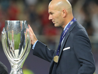 Zinedine Zidane, Manager of Real Madrid with the trophy after the UEFA Super Cup match between Real Madrid and Manchester United at National...