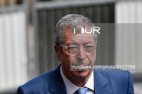 Mayor of Levallois-Perret Patrick Balkany answers journalists' questions on the site where a vehicle hit soldiers and disappeared in the Par...