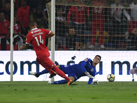 Benfica's Switzerland forward Haris Seferovic score a goal during the Candido Oliveira Super Cup match between SL Benfica and Vitoria Guimar...