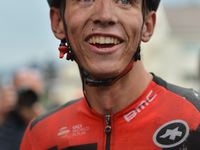 Happy Dylan Teuns of Belgium from BMC Racing Team celebrates after winning the opening stage, the 156.5km from Engenes (on Andorja Island) t...