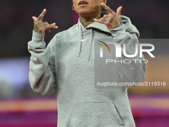 US athlete Inika Mcpherson reacts during the women's high jump athletics event at the 2017 IAAF World Championships at the London Stadium in...