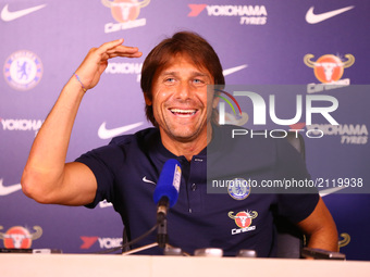 Antonio Conte, manager of Chelsea during a press conference at Cobham Training Ground on August 11, 2017 in Cobham, England. (
