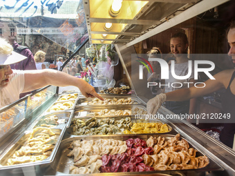 The opening of the 15th Annual Pierogi (Dumplings) Festival in Krakow's Small Square in Krakow, Poland on 11 August, 2017. Each year local p...