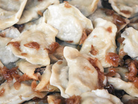 Traditional pierogi (dumplings) with meat and fried onion during the opening of the 15th Annual Pierogi (Dumplings) Festival in Krakow's Sma...