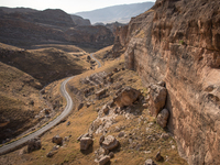 A road through mountainous desert landscape near Hasankeyf, Turkey. Photo taken 9 July 2016. (