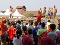 Bodybuilding Contest  tile Factory Workers during 'Jebor' Jatiwangi cup held  Loji, Majalengka, West Java Indonesia on august 11, 2017 .The...