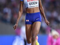 Lorraine Ugen of Great Britain jumps in the long jump final in London at the 2017 IAAF World Championships athletics at the London Stadium i...