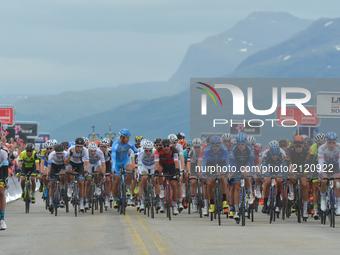 The peloton at Bardufoss Airport, during the second stage - the 184.5km from Sjovegan to Bardudoss Airport, during the Arctic Race of Norway...
